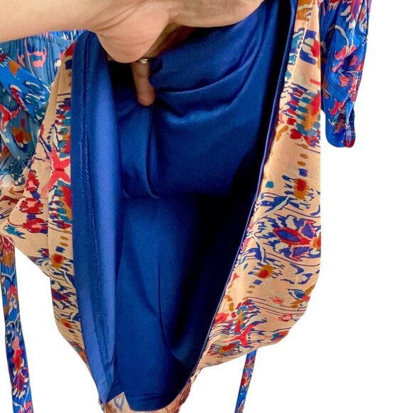 NWOT DR2 Blue Floral Tab Sleeve Tie Waist Midi Dress Lined Bohemian Size Medium - Picture 12 of 15